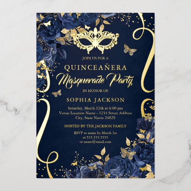 Masquerade Butterfly Royal Navy Quinceanera Foil Invitation (Front)
