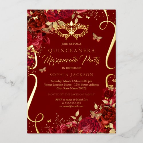 Masquerade Butterfly Royal Red Quinceanera Foil Invitation