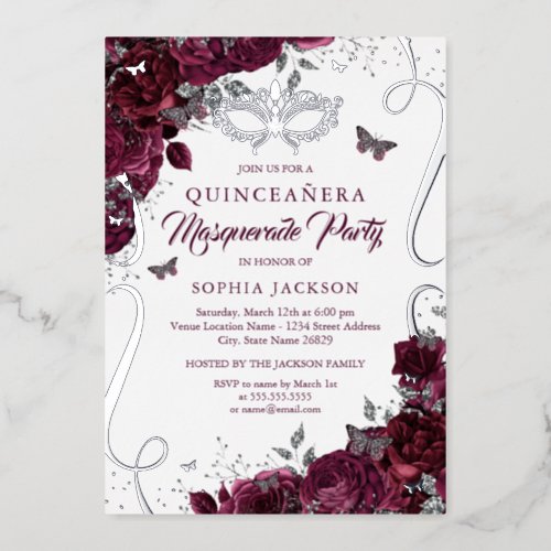 Masquerade Butterfly Silver Burgundy Quinceanera Foil Invitation