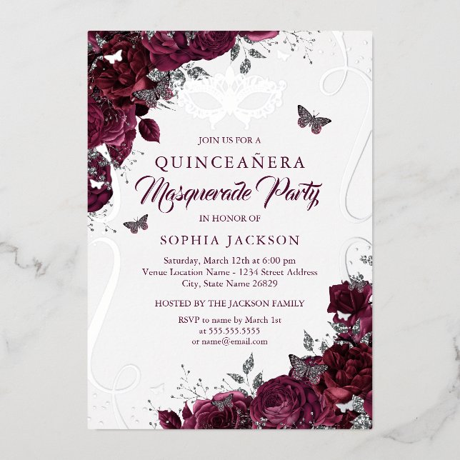 Masquerade Butterfly Silver Burgundy Quinceanera Foil Invitation (Front)