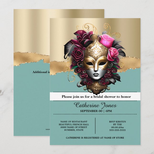 Masquerade carnival face mask blue gold pink rose invitation (Front/Back)