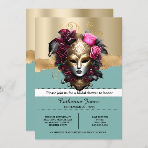 Masquerade carnival face mask blue gold pink rose invitation