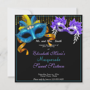 Masquerade Carnival Feather Masks Sweet Sixteen Invitation