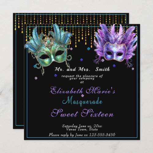 Masquerade Carnival Pink Turquoise Sweet Sixteen  Invitation