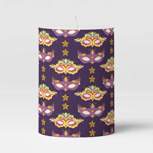 Masquerade Carnival Theme Purple Pillar Candle (Front)