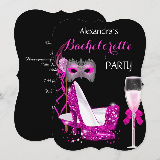 Masquerade Champagne Bachelorette Hot Pink l2 Invitation (Front/Back)