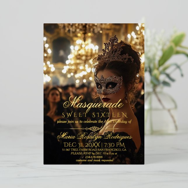 Masquerade Chic Gold Photo Quinceanera  Foil Invitation (Standing Front)