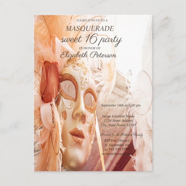 Masquerade Chic Masque Sweet 16  I Invitation Postcard (Front)