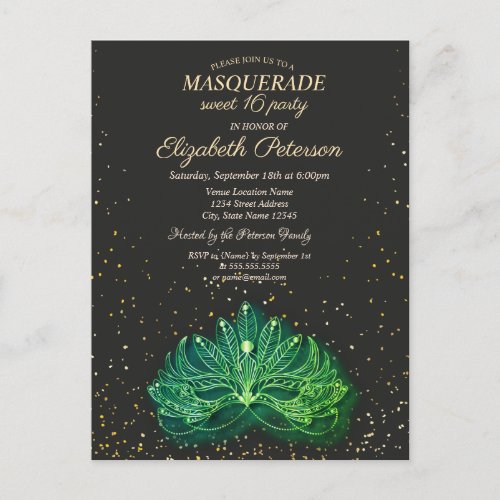 MasqueradeConfetti Green Masque Sweet 16  Invitation Postcard