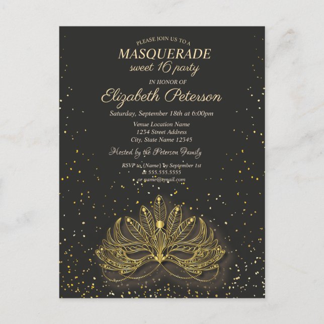 Masquerade,Confetti Masque Sweet 16 Invitation Postcard (Front)