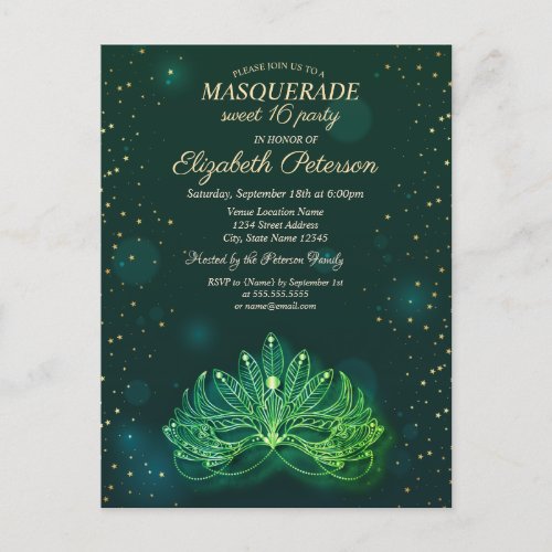 MasqueradeConfetti Stars Green Masque Sweet 16  Invitation Postcard