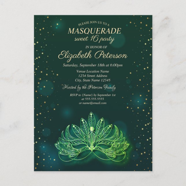 Masquerade,Confetti Stars Green Masque Sweet 16  Invitation Postcard (Front)