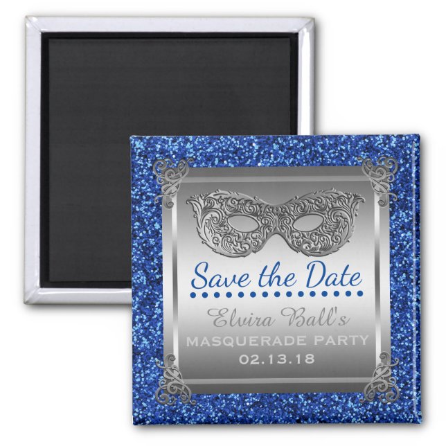 Masquerade Costume Party Blue Silver Save the Date Magnet (Front)
