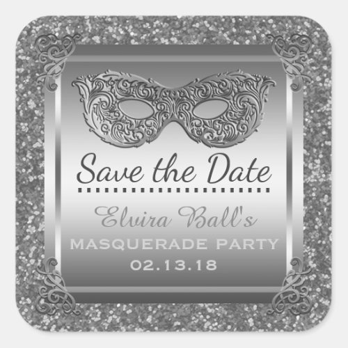 Masquerade Costume Party Glam Silver Save the Date Square Sticker