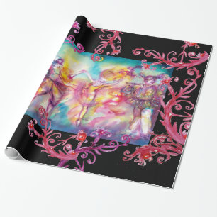 MASQUERADE DANCERS ,RED PURPLE FLORAL SWIRLS WRAPPING PAPER