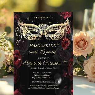 Masquerade Dark Red Roses Gothic Sweet 16 Invitation