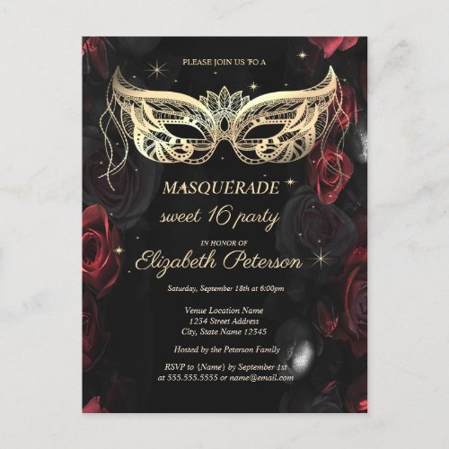 Masquerade Dark Red Roses Gothic Sweet 16 Invitation Postcard