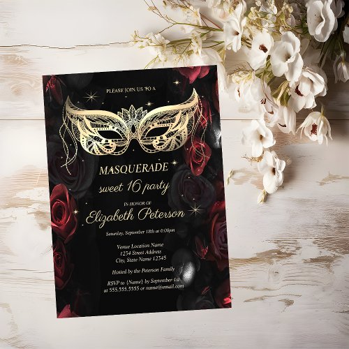 Masquerade Dark Red Roses Gothic Sweet 16 Invitation Postcard