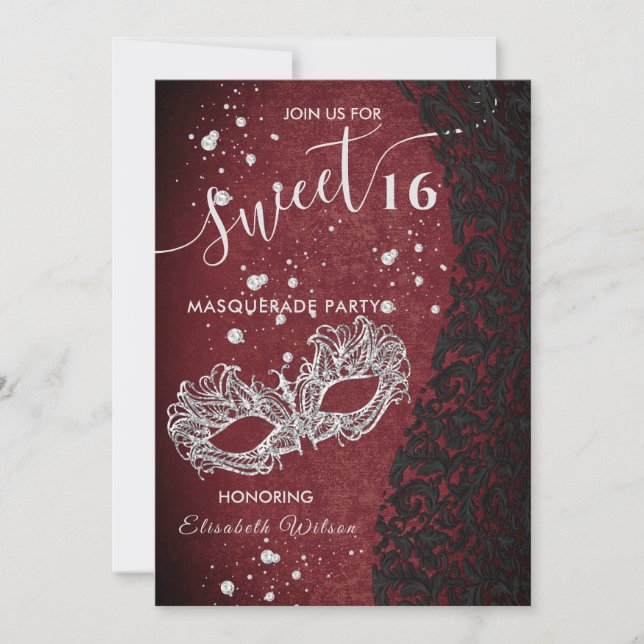 Masquerade diamond damask burgundy sweet 16  invitation (Front)