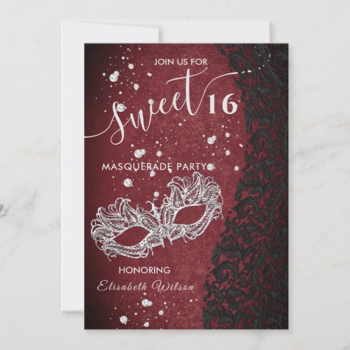 Masquerade diamond damask burgundy sweet 16  invitation