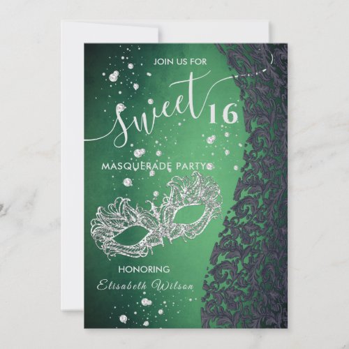 Masquerade diamond damask green sweet 16 invitation