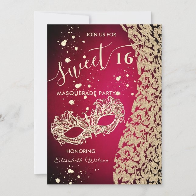 Masquerade diamond damask red sweet 16  invitation (Front)