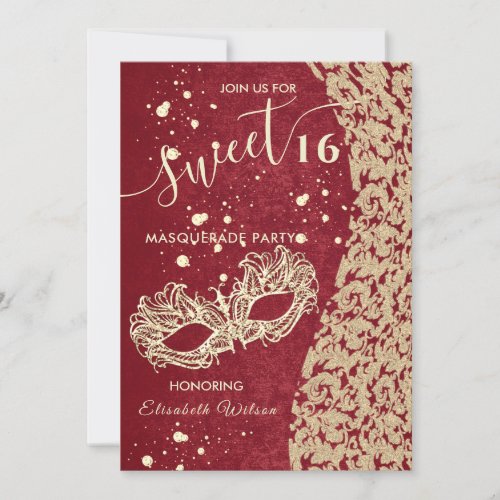 Masquerade diamond damask red sweet 16  invitation