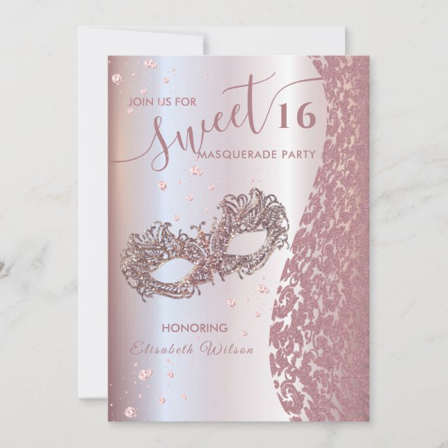  Masquerade diamond damask rose gold sweet 16 Invitation (Front)