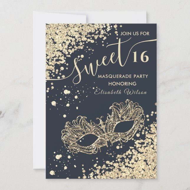  Masquerade diamond luxury  gold sweet 16  Invitation (Front)