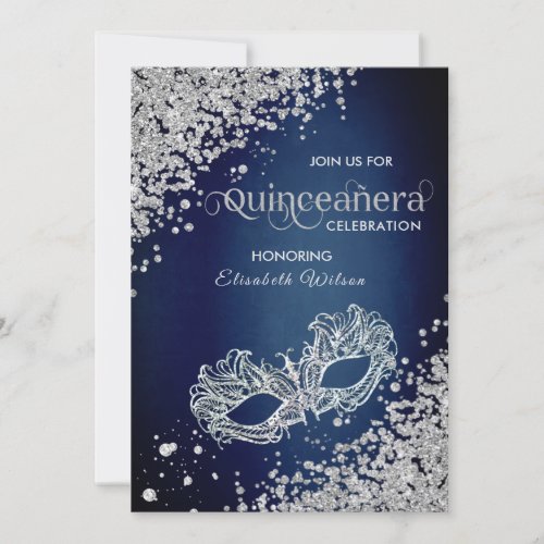  Masquerade diamond luxury Quinceaera blue Invitation