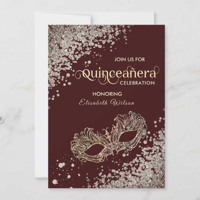  Masquerade diamond luxury Quinceañera burgundy Invitation (Front)