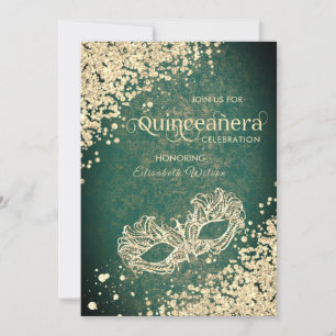 Masquerade diamond luxury Quinceañera green Invit Invitation