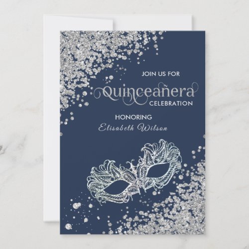  Masquerade diamond luxury Quinceaera navy Invitation