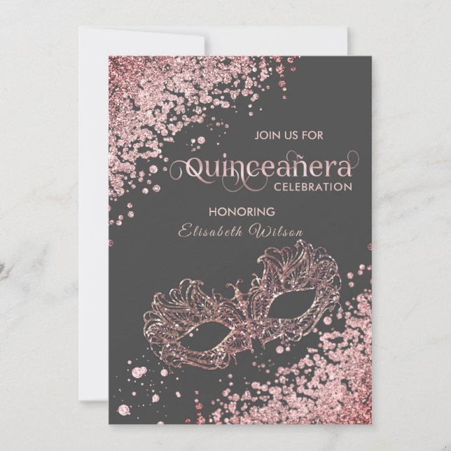  Masquerade diamond luxury Quinceañera rose gold   Invitation (Front)