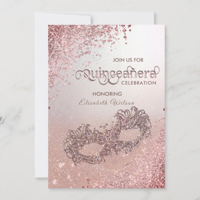  Masquerade diamond luxury Quinceañera rose gold  Invitation (Front)