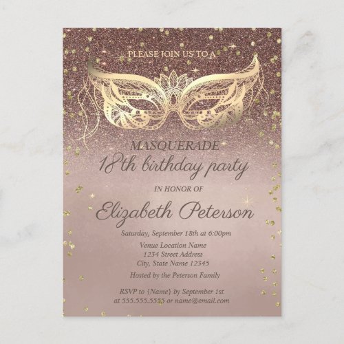 Masquerade  Diamonds Glitter 18th Birthday Party Invitation Postcard