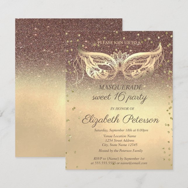 Masquerade  Diamonds Glitter Gold Sweet 16   Invitation (Front/Back)