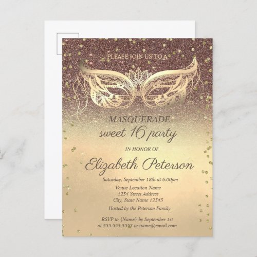 Masquerade  Diamonds Glitter Gold Sweet 16  Invitation Postcard