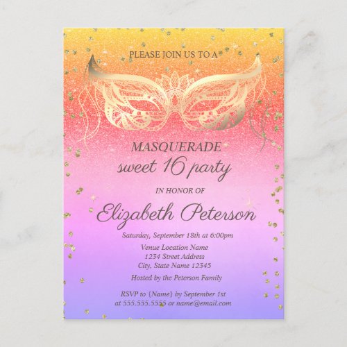 Masquerade  Diamonds Glitter Ombre Sweet 16  Invitation Postcard