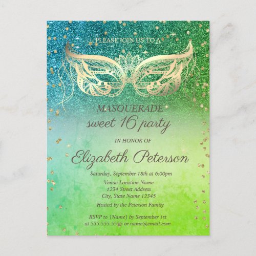 Masquerade  Diamonds Green Glitter Sweet 16  Invitation Postcard