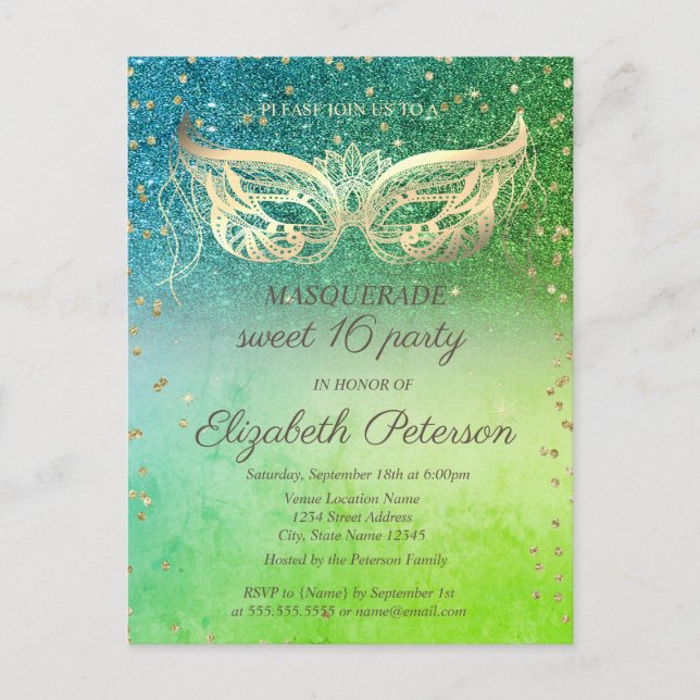 Masquerade  Diamonds Green Glitter Sweet 16  Invitation Postcard (Front)