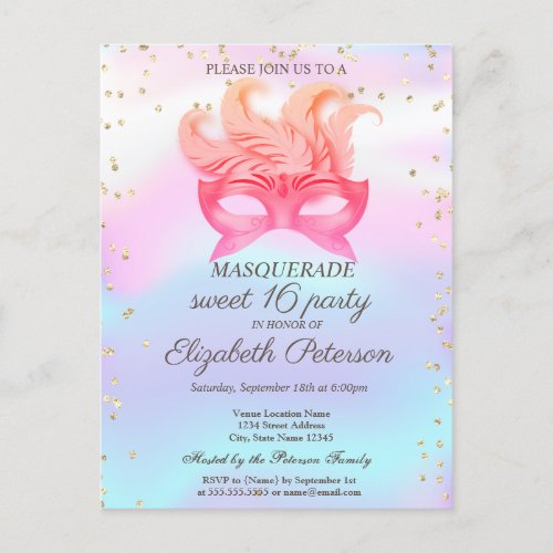 Masquerade DiamondsMasqueHolographic  Sweet 16 Invitation Postcard