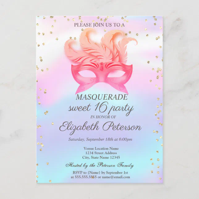Masquerade Diamonds Masque Holographic Sweet 16 Invitation Postcard