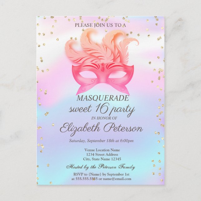 Masquerade Diamonds,Masque,Holographic  Sweet 16 Invitation Postcard (Front)