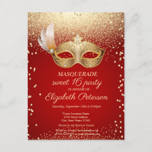 Masquerade Diamonds,Masque,Red Sweet 16 Invitation Postcard