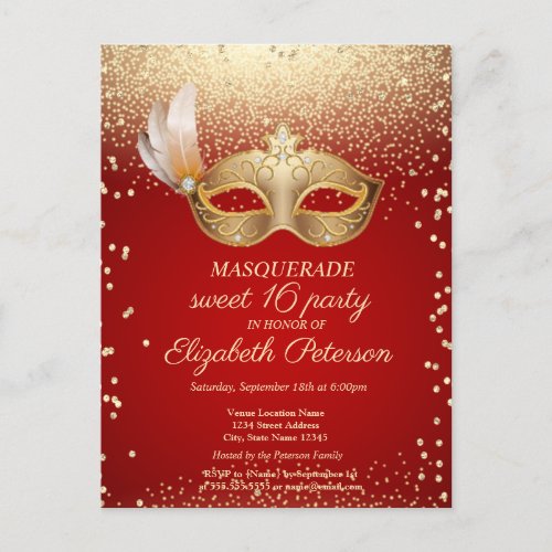 Masquerade DiamondsMasqueRed Sweet 16  Invitation Postcard