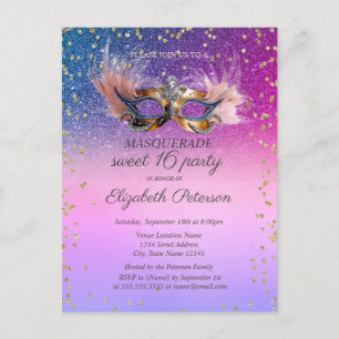 Masquerade Diamonds Purple Glitter Sweet 16 Invitation Postcard