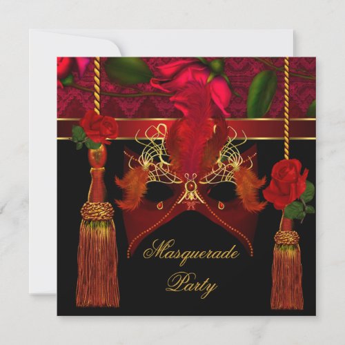 Masquerade Elegant Black Red Rose Gold  Party Invitation