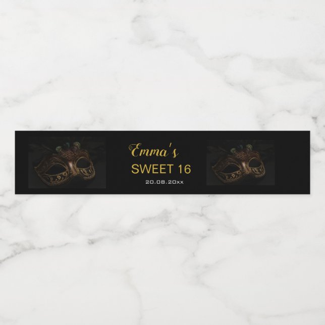 Masquerade Elegant Gold Black Sweet 16 15 Birthday Water Bottle Label (Single Label)
