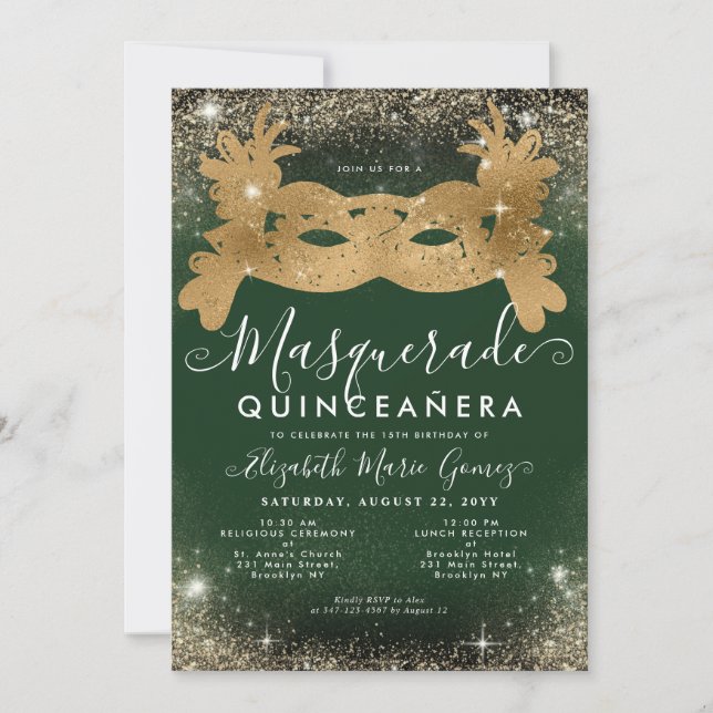 Masquerade Emerald Green Gold Glitter Quinceanera Invitation (Front)